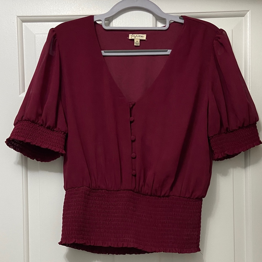 Burgundy Blouse with Sheer Sleeves